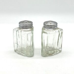 Vintage Triangular Ribbed Glass Salt and Pepper Shakers Set with Metal Lids